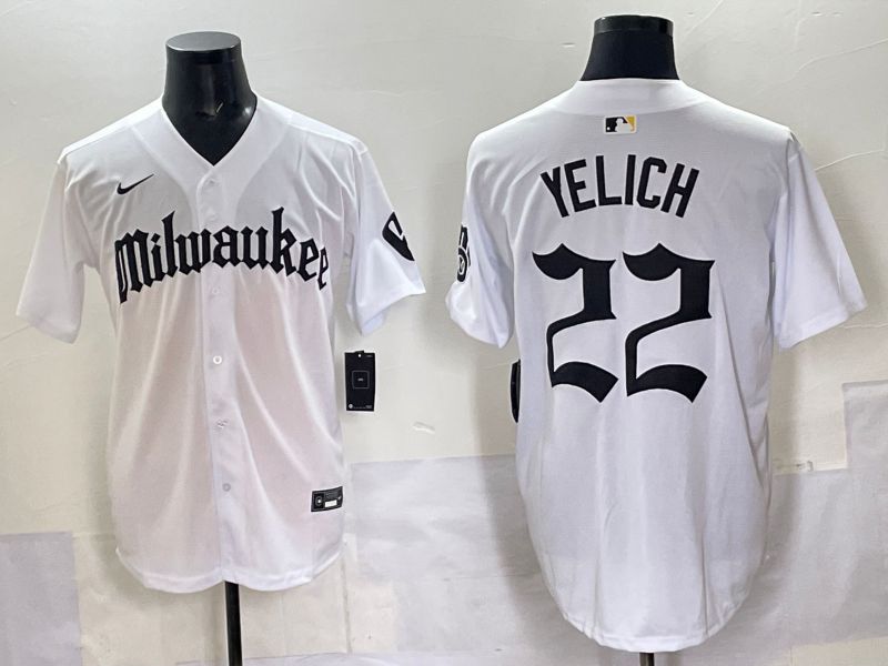 Men 2025 Milwaukee Brewers #22 Yelich White Five generations Joint Name Nike MLB Jersey style 03->pittsburgh steelers->NFL Jersey
